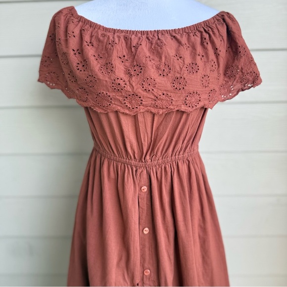J. GEE Rust Eyelet Off Shoulder Midi Dress Women’s Size S 100% Cotton - Picture 8 of 8